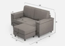 Divano 168x85cm design a due posti con bracciolo squadrato e pouf stoffa idrorepellente grigio DI5