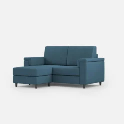 Divano 168x85cm design a due posti con bracciolo squadrato e pouf stoffa idrorepellente blu avio DI5