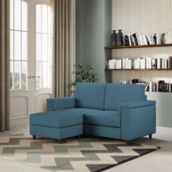 Divano 168x85cm design a due posti con bracciolo squadrato e pouf stoffa idrorepellente blu avio DI5