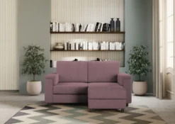 Divano 168x85cm design a due posti con bracciolo squadrato e pouf stoffa idrorepellente prugna DI5
