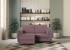 Divano 168x85cm design a due posti con bracciolo squadrato e pouf stoffa idrorepellente prugna DI5