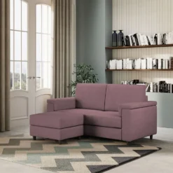 Divano 168x85cm design a due posti con bracciolo squadrato e pouf stoffa idrorepellente prugna DI5