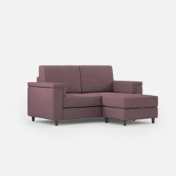 Divano 168x85cm design a due posti con bracciolo squadrato e pouf stoffa idrorepellente prugna DI5