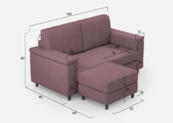 Divano 168x85cm design a due posti con bracciolo squadrato e pouf stoffa idrorepellente prugna DI5