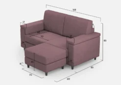 Divano 168x85cm design a due posti con bracciolo squadrato e pouf stoffa idrorepellente prugna DI5