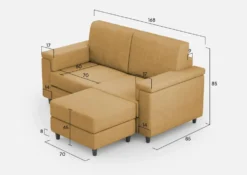 Divano 168x85cm design a due posti con bracciolo squadrato e pouf stoffa idrorepellente ocra DI5