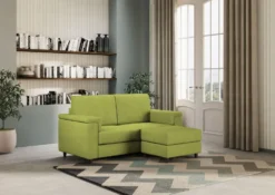 Divano 168x85cm design a due posti con bracciolo squadrato e pouf stoffa idrorepellente verde DI5
