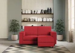 Divano 148x85cm design a due posti con bracciolo squadrato e con pouf rosso DI4