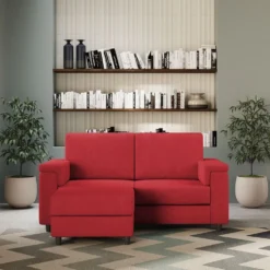 Divano 148x85cm design a due posti con bracciolo squadrato e con pouf rosso DI4