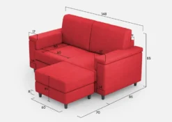 Divano 148x85cm design a due posti con bracciolo squadrato e con pouf rosso DI4