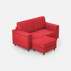 Divano 148x85cm design a due posti con bracciolo squadrato e con pouf rosso DI4
