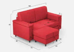 Divano 148x85cm design a due posti con bracciolo squadrato e con pouf rosso DI4