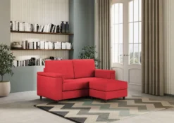 Divano 148x85cm design a due posti con bracciolo squadrato e con pouf rosso DI4