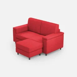 Divano 148x85cm design a due posti con bracciolo squadrato e con pouf rosso DI4