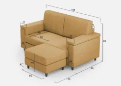 Divano 148x85cm design a due posti con bracciolo squadrato e con pouf ocra DI4