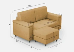 Divano 148x85cm design a due posti con bracciolo squadrato e con pouf ocra DI4