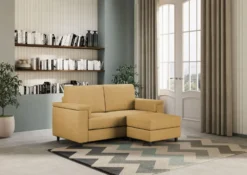 Divano 148x85cm design a due posti con bracciolo squadrato e con pouf ocra DI4