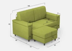 Divano 148x85cm design a due posti con bracciolo squadrato e con pouf verde DI4