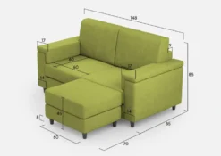 Divano 148x85cm design a due posti con bracciolo squadrato e con pouf verde DI4