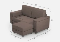 Divano 148x85cm design a due posti con bracciolo squadrato e con pouf talpa DI4
