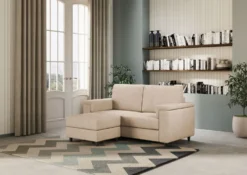 Divano 148x85cm design a due posti con bracciolo squadrato e con pouf beige DI4