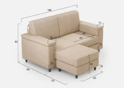 Divano 148x85cm design a due posti con bracciolo squadrato e con pouf beige DI4