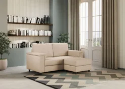 Divano 148x85cm design a due posti con bracciolo squadrato e con pouf beige DI4