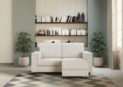 Divano 148x85cm design a due posti con bracciolo squadrato e con pouf bianco latte DI4