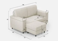 Divano 148x85cm design a due posti con bracciolo squadrato e con pouf bianco latte DI4