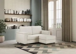 Divano 148x85cm design a due posti con bracciolo squadrato e con pouf bianco latte DI4