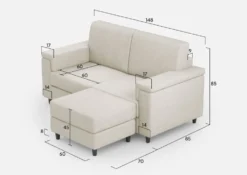 Divano 148x85cm design a due posti con bracciolo squadrato e con pouf bianco latte DI4
