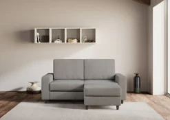 Divano 148x85cm design a due posti con bracciolo squadrato idrorepellente e pouf grigio DI15