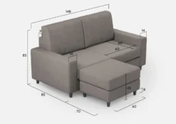 Divano 148x85cm design a due posti con bracciolo squadrato idrorepellente e pouf grigio DI15