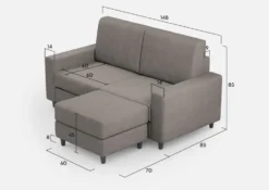 Divano 148x85cm design a due posti con bracciolo squadrato idrorepellente e pouf grigio DI15