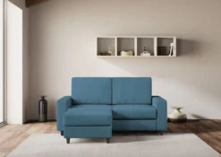 Divano 148x85cm design a due posti con bracciolo squadrato idrorepellente e pouf blu avio DI15