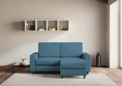 Divano 148x85cm design a due posti con bracciolo squadrato idrorepellente e pouf blu avio DI15