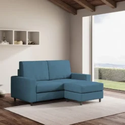 Divano 148x85cm design a due posti con bracciolo squadrato idrorepellente e pouf blu avio DI15