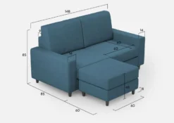 Divano 148x85cm design a due posti con bracciolo squadrato idrorepellente e pouf blu avio DI15
