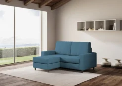 Divano 148x85cm design a due posti con bracciolo squadrato idrorepellente e pouf blu avio DI15