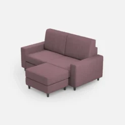 Divano 148x85cm design a due posti con bracciolo squadrato idrorepellente e pouf prugna DI15