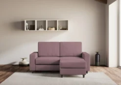 Divano 148x85cm design a due posti con bracciolo squadrato idrorepellente e pouf prugna DI15