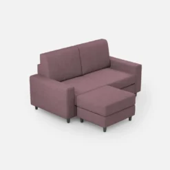 Divano 148x85cm design a due posti con bracciolo squadrato idrorepellente e pouf prugna DI15