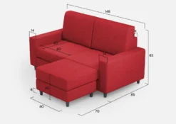 Divano 148x85cm design a due posti con bracciolo squadrato idrorepellente e pouf rosso DI15