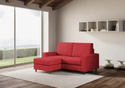 Divano 148x85cm design a due posti con bracciolo squadrato idrorepellente e pouf rosso DI15