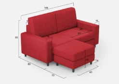 Divano 148x85cm design a due posti con bracciolo squadrato idrorepellente e pouf rosso DI15