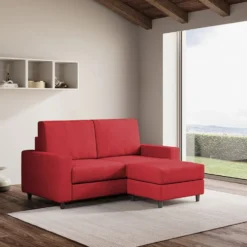 Divano 148x85cm design a due posti con bracciolo squadrato idrorepellente e pouf rosso DI15
