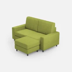 Divano 148x85cm design a due posti con bracciolo squadrato idrorepellente e pouf verde DI15