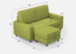 Divano 148x85cm design a due posti con bracciolo squadrato idrorepellente e pouf verde DI15