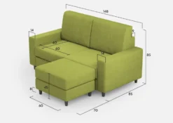 Divano 148x85cm design a due posti con bracciolo squadrato idrorepellente e pouf verde DI15