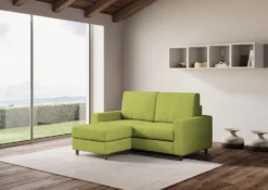 Divano 148x85cm design a due posti con bracciolo squadrato idrorepellente e pouf verde DI15